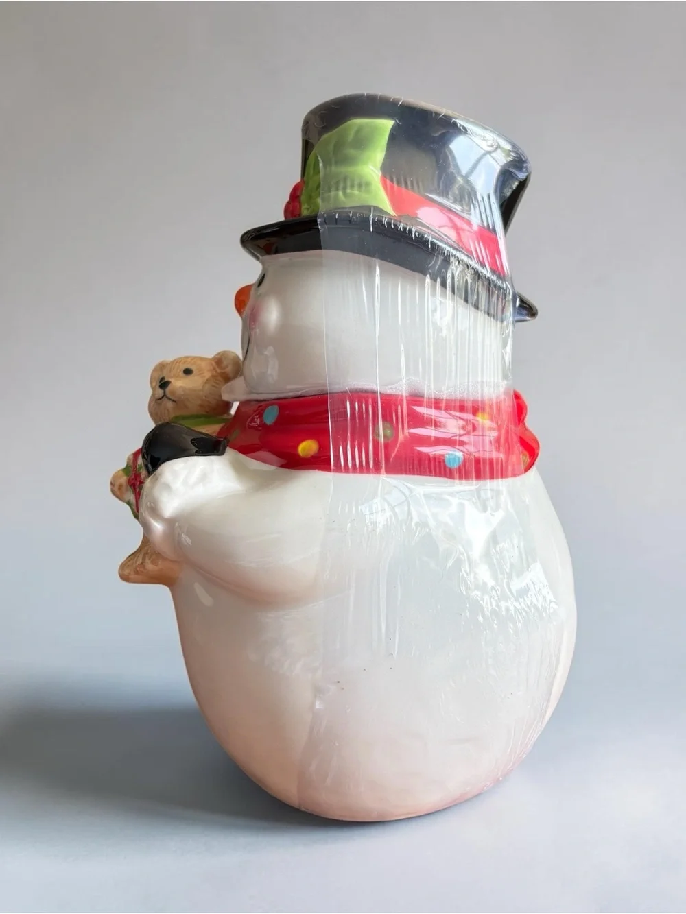 New Sleigh Bell Bistro Snowman Cookie Jar Teddy Bear Christmas Ceramic Holiday
